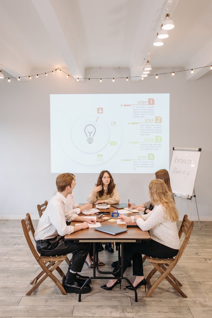 Group of professionals discussing business strategy with a projector and notepad.