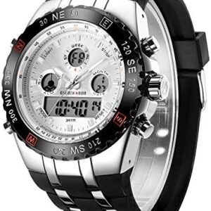 GOLDEN HOUR Huge Face Large Size Military Sports Mens Watches Waterproof, Stopwatch, Date and Date, Alarm, Luminous Digital Analog Stainless Steel Wrist Watch with Rubber Band in Silver White : Clothing, Shoes & Jewelry